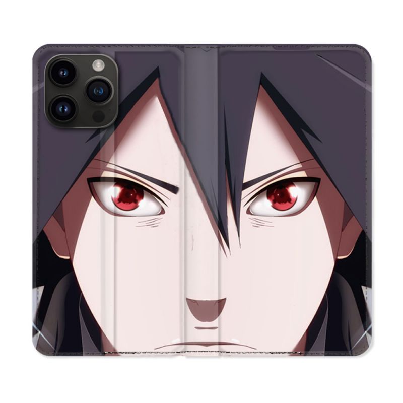Housse Cuir Portefeuille Pour Iphone 15 Pro Plus (6,7) Manga Naruto Sasuke visage