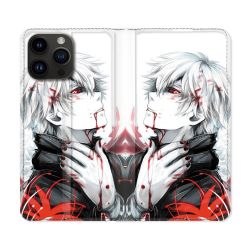 Housse Cuir Portefeuille Pour Iphone 15 Pro Plus (6,7) Manga Tokyo Ghoul Kaneki Blanc