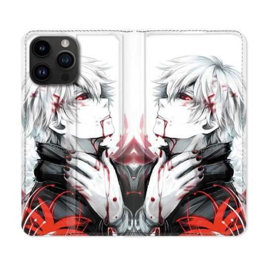 Housse Cuir Portefeuille Pour Iphone 15 Pro Plus (6,7) Manga Tokyo Ghoul Kaneki Blanc