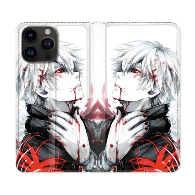 Housse Cuir Portefeuille Pour Iphone 15 Pro Plus (6,7) Manga Tokyo Ghoul Kaneki Blanc