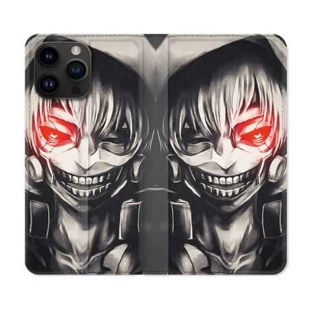 Housse Cuir Portefeuille Pour Iphone 15 Pro Plus (6,7) Manga Tokyo Ghoul Kaneki Noir