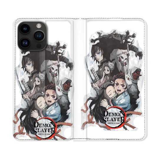 Housse Cuir Portefeuille Pour Iphone 15 Pro (6,1) Manga Demon Slayer Blanc