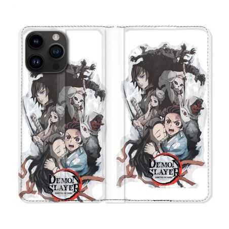 Housse Cuir Portefeuille Pour Iphone 15 Pro (6,1) Manga Demon Slayer Blanc