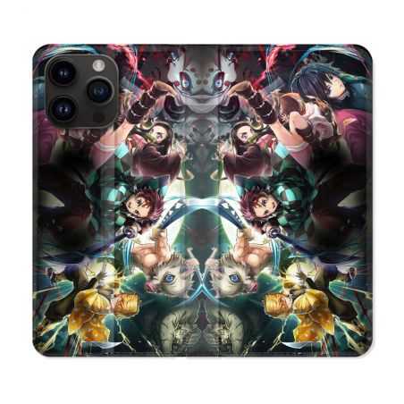 Housse Cuir Portefeuille Pour Iphone 15 Pro (6,1) Manga Demon Slayer Groupe