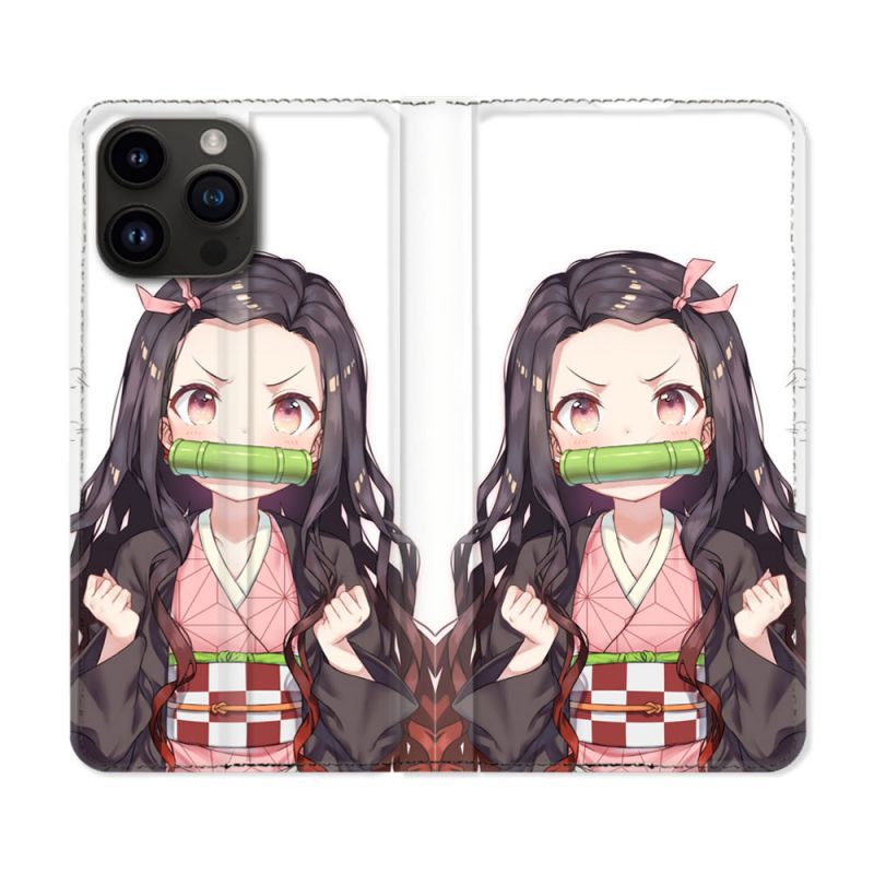 Housse Cuir Portefeuille Pour Iphone 15 Pro (6,1) Manga Demon Slayer Nezuko