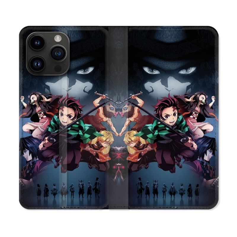 Housse Cuir Portefeuille Pour Iphone 15 Pro (6,1) Manga Demon Slayer Noir