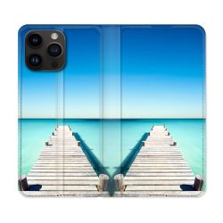 Housse Cuir Portefeuille Pour Iphone 15 Pro Plus (6,7) Nature Pont Mer