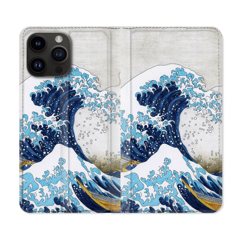 Housse Cuir Portefeuille Pour Iphone 15 Pro Plus (6,7) Peinture La Grande Vague
