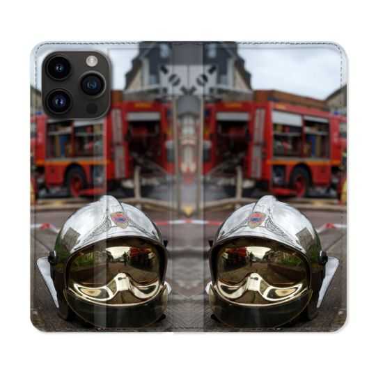 Housse Cuir Portefeuille Pour Iphone 15 Pro Plus (6,7) Pompier Casque Camion