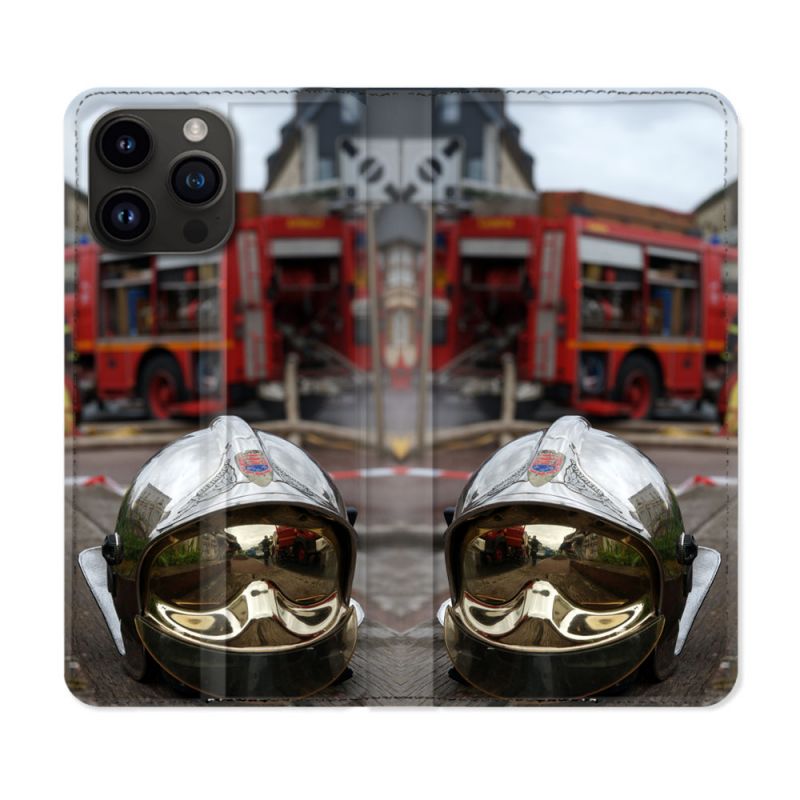 Housse Cuir Portefeuille Pour Iphone 15 Pro Plus (6,7) Pompier Casque Camion