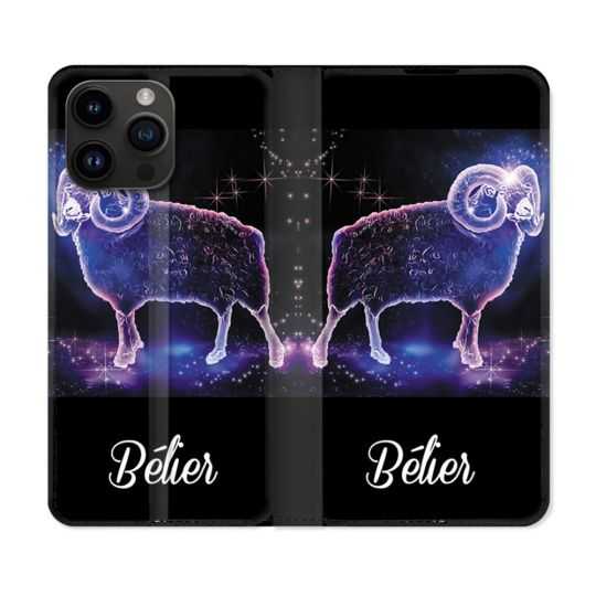 Housse Cuir Portefeuille Pour Iphone 15 Pro Plus (6,7) Signe Zodiaque 2 Bélier