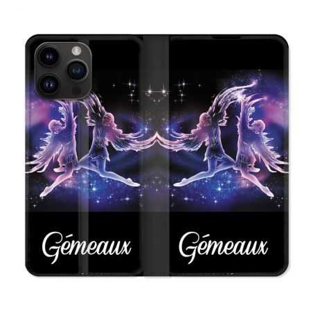 Housse Cuir Portefeuille Pour Iphone 15 Pro Plus (6,7) Signe Zodiaque 2 Gémeaux