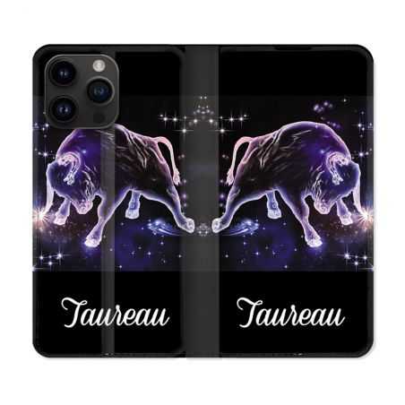 Housse Cuir Portefeuille Pour Iphone 15 Pro Plus (6,7) Signe Zodiaque 2 Taureau