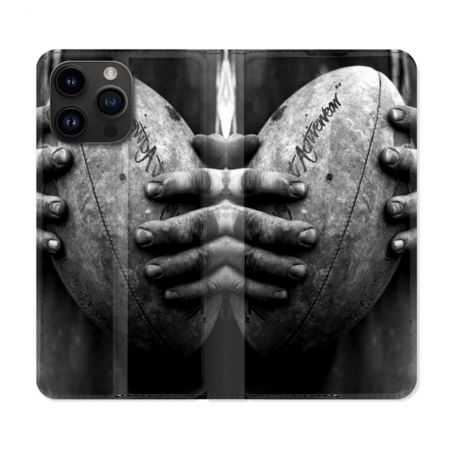 Housse Cuir Portefeuille Pour Iphone 15 Pro Plus (6,7) Sport Rugby Ballon Vintage
