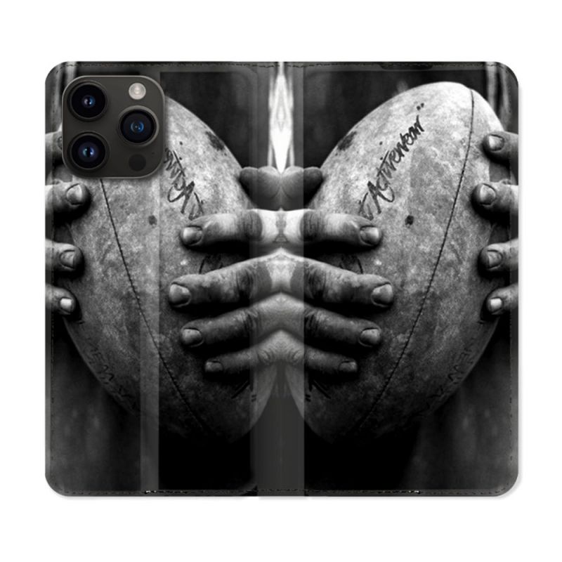 Housse Cuir Portefeuille Pour Iphone 15 Pro Plus (6,7) Sport Rugby Ballon Vintage