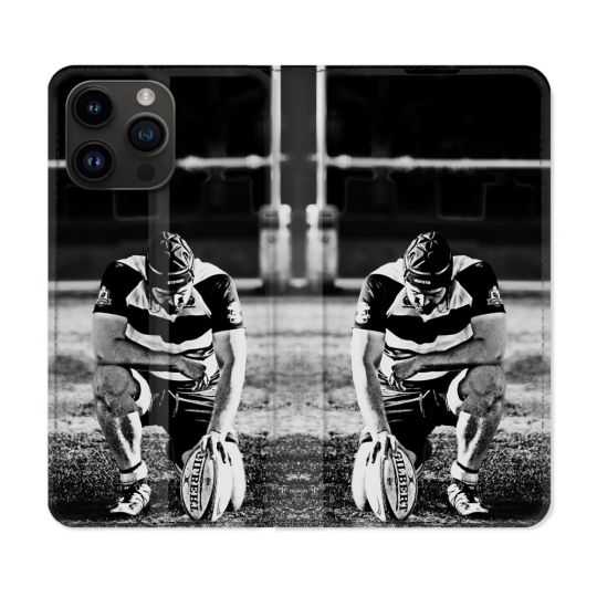Housse Cuir Portefeuille Pour Iphone 15 Pro Plus (6,7) Sport Rugby Noir Blanc