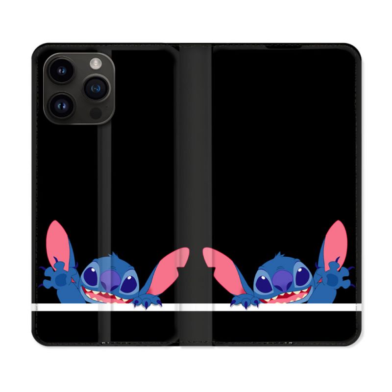 Housse Cuir Portefeuille Pour Iphone 15 Pro Plus (6,7) Stitch Noir