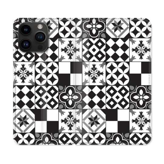 Housse Cuir Portefeuille Pour Iphone 15 Pro Plus (6,7) Texture Carreau Ciment Noir