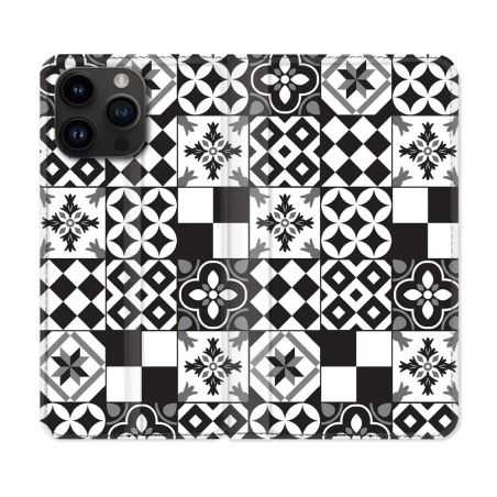 Housse Cuir Portefeuille Pour Iphone 15 Pro Plus (6,7) Texture Carreau Ciment Noir