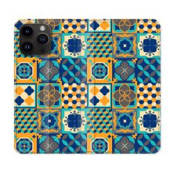 Housse Cuir Portefeuille Pour Iphone 15 Pro Plus (6,7) Texture Carreau Ciment Orange