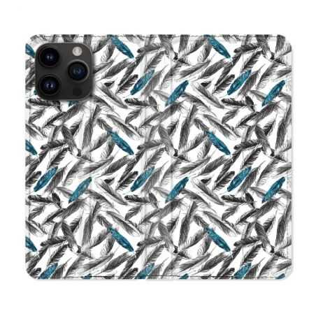 Housse Cuir Portefeuille Pour Iphone 15 Pro Plus (6,7) Texture Plume Canard