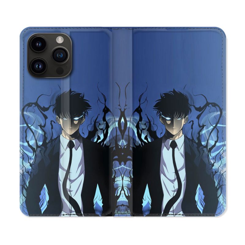 Housse Cuir Portefeuille Pour Iphone 15 Pro (6,1) Manga Solo Leveling Sung Bleu