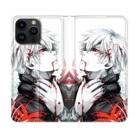 Housse Cuir Portefeuille Pour Iphone 15 Pro (6,1) Manga Tokyo Ghoul Kaneki Blanc