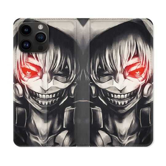 Housse Cuir Portefeuille Pour Iphone 15 Pro (6,1) Manga Tokyo Ghoul Kaneki Noir