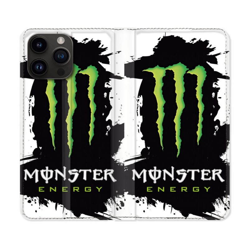 Housse Cuir Portefeuille Pour Iphone 15 Pro (6,1) Monster Energy Tache