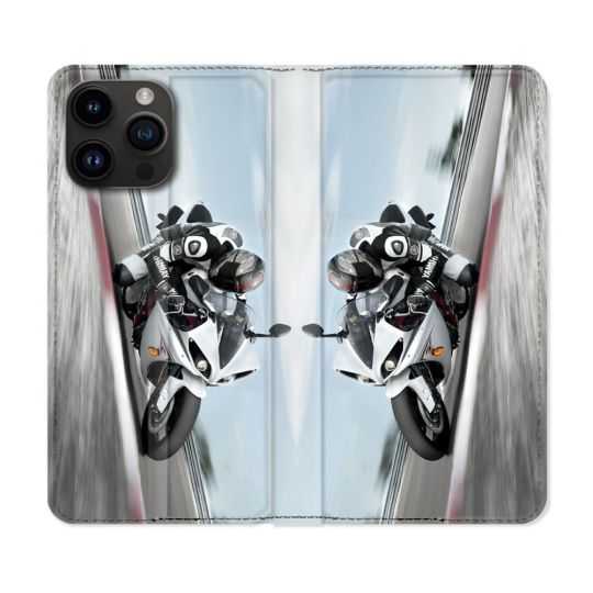 Housse Cuir Portefeuille Pour Iphone 15 Pro (6,1) Moto Course GP Blanche