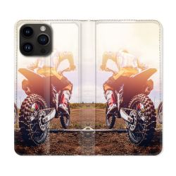 Housse Cuir Portefeuille Pour Iphone 15 Pro (6,1) Moto Cross Soleil