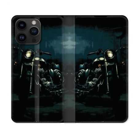 Housse Cuir Portefeuille Pour Iphone 15 Pro (6,1) Moto Harley Vintage