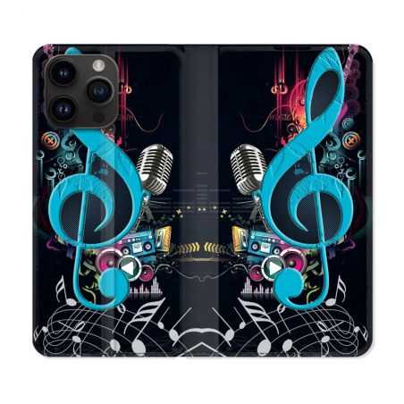 Housse Cuir Portefeuille Pour Iphone 15 Pro (6,1) Musique Cle Sol Bleu