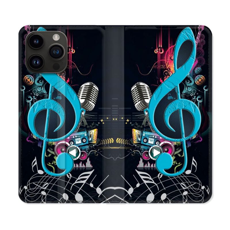 Housse Cuir Portefeuille Pour Iphone 15 Pro (6,1) Musique Cle Sol Bleu