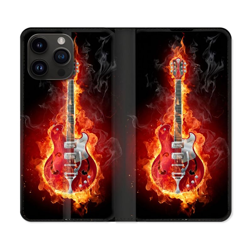 Housse Cuir Portefeuille Pour Iphone 15 Pro (6,1) Musique Guitare Electrique