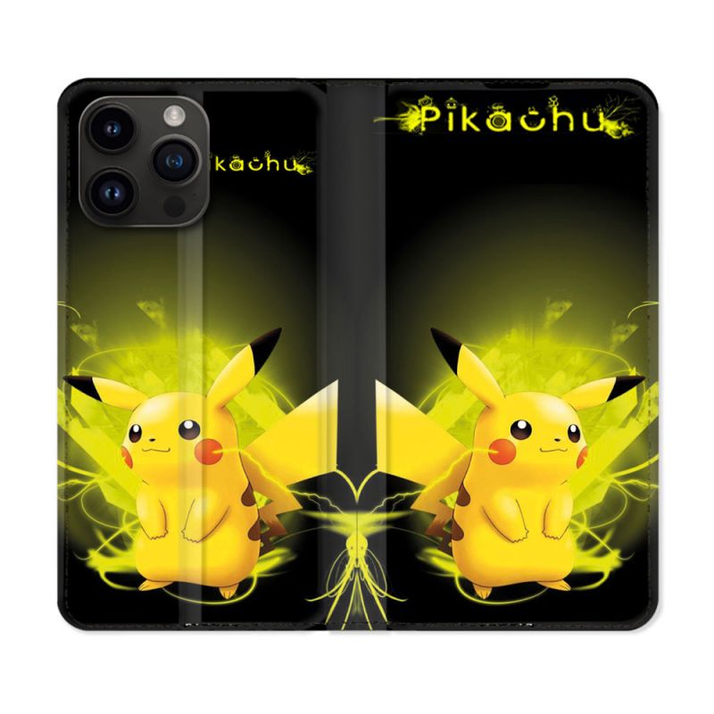 Housse Cuir Portefeuille Pour Iphone 15 Pro (6,1) Pokemon Pikachu Eclair