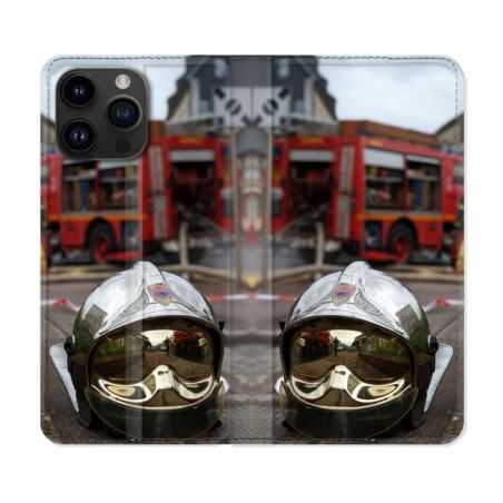 Housse Cuir Portefeuille Pour Iphone 15 Pro (6,1) Pompier Casque Camion