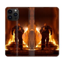 Housse Cuir Portefeuille Pour Iphone 15 Pro (6,1) Pompier Escalier