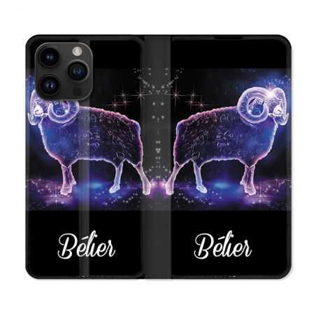 Housse Cuir Portefeuille Pour Iphone 15 Pro (6,1) Signe Zodiaque 2 Bélier