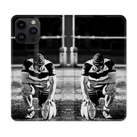 Housse Cuir Portefeuille Pour Iphone 15 Pro (6,1) Sport Rugby Noir Blanc