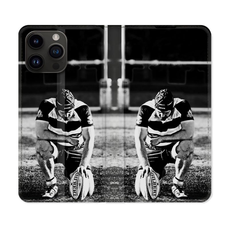 Housse Cuir Portefeuille Pour Iphone 15 Pro (6,1) Sport Rugby Noir Blanc