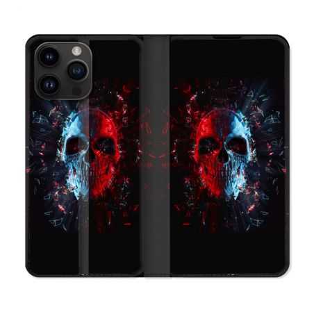 Housse Cuir Portefeuille Pour Iphone 15 Pro (6,1) Tete de Mort Deflagration