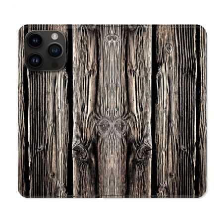 Housse Cuir Portefeuille Pour Iphone 15 Pro (6,1) Texture Bois