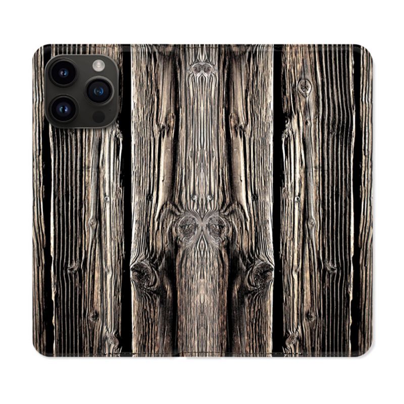 Housse Cuir Portefeuille Pour Iphone 15 Pro (6,1) Texture Bois