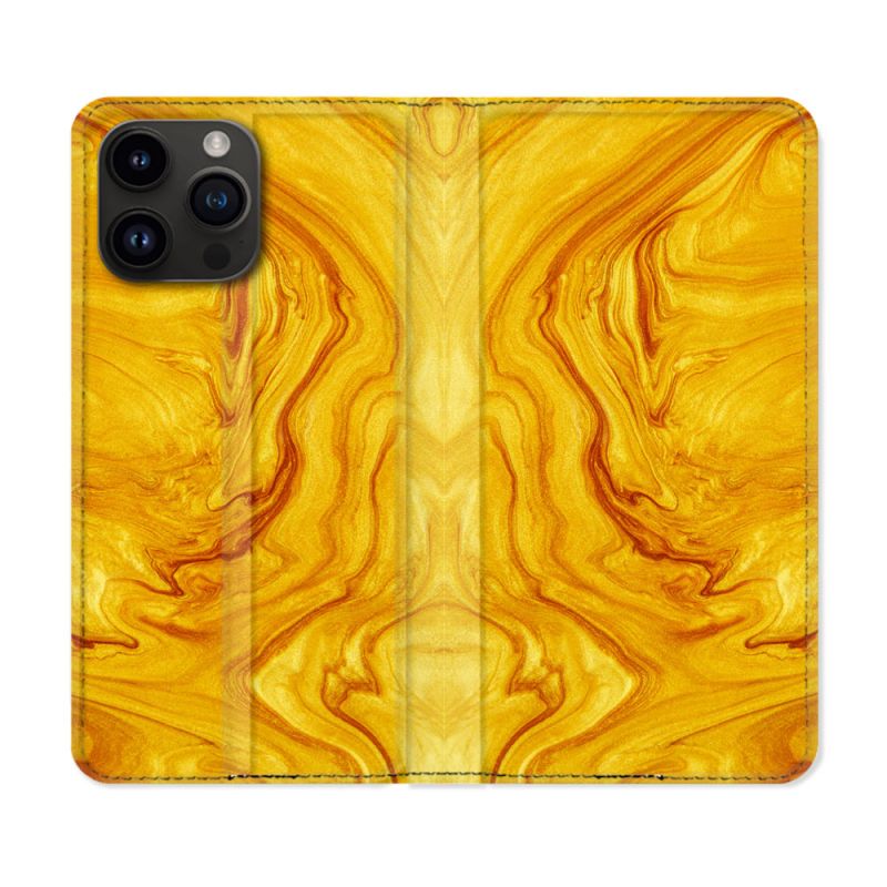 Housse Cuir Portefeuille Pour Iphone 15 Pro (6,1) Texture Marbre Jaune