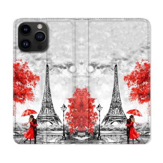 Housse Cuir Portefeuille Pour Iphone 15 Pro (6,1) Voyage France Paris Rouge