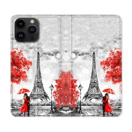 Housse Cuir Portefeuille Pour Iphone 15 Pro (6,1) Voyage France Paris Rouge