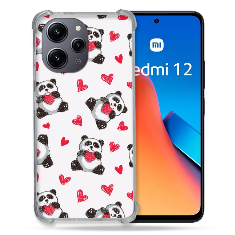 Coque Renforcée En Verre Trempé Pour Xiaomi Redmi 12 5G Animal Panda Cœur