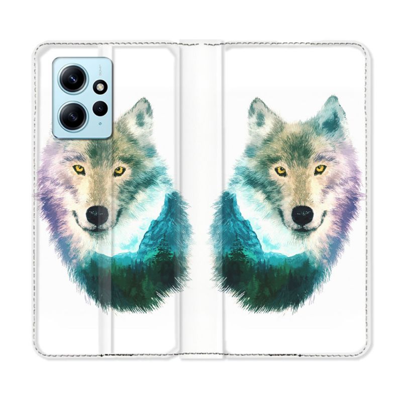Housse Cuir Portefeuille Pour Xiaomi Redmi Note 12 4G Animal Loup Montagne