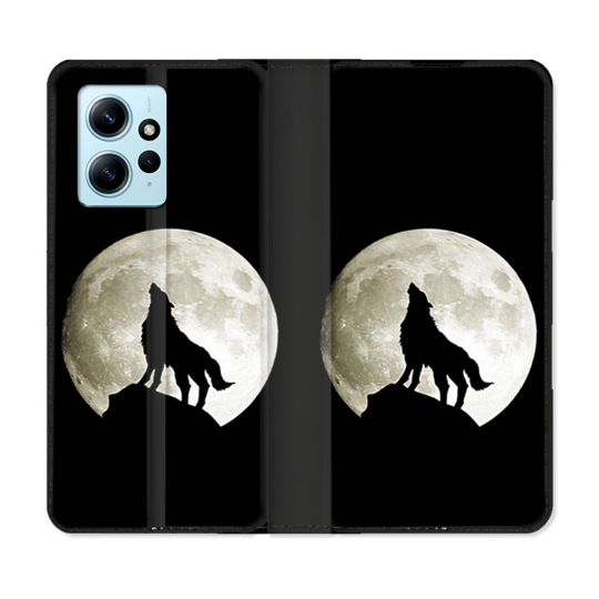 Housse Cuir Portefeuille Pour Xiaomi Redmi Note 12 4G Animal Loup Noir